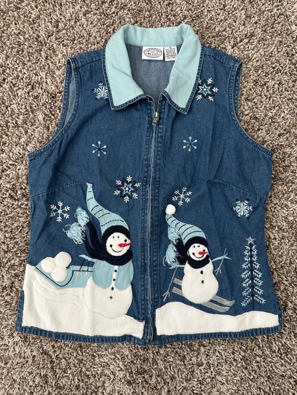Carolina Blues Denim Snowman Holiday Embroidered Vest (Women’s Small)